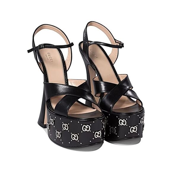 Gucci GG Embellished Black Platform sandal Silver Interlocking G Studs 37.5 - Picture 3 of 10